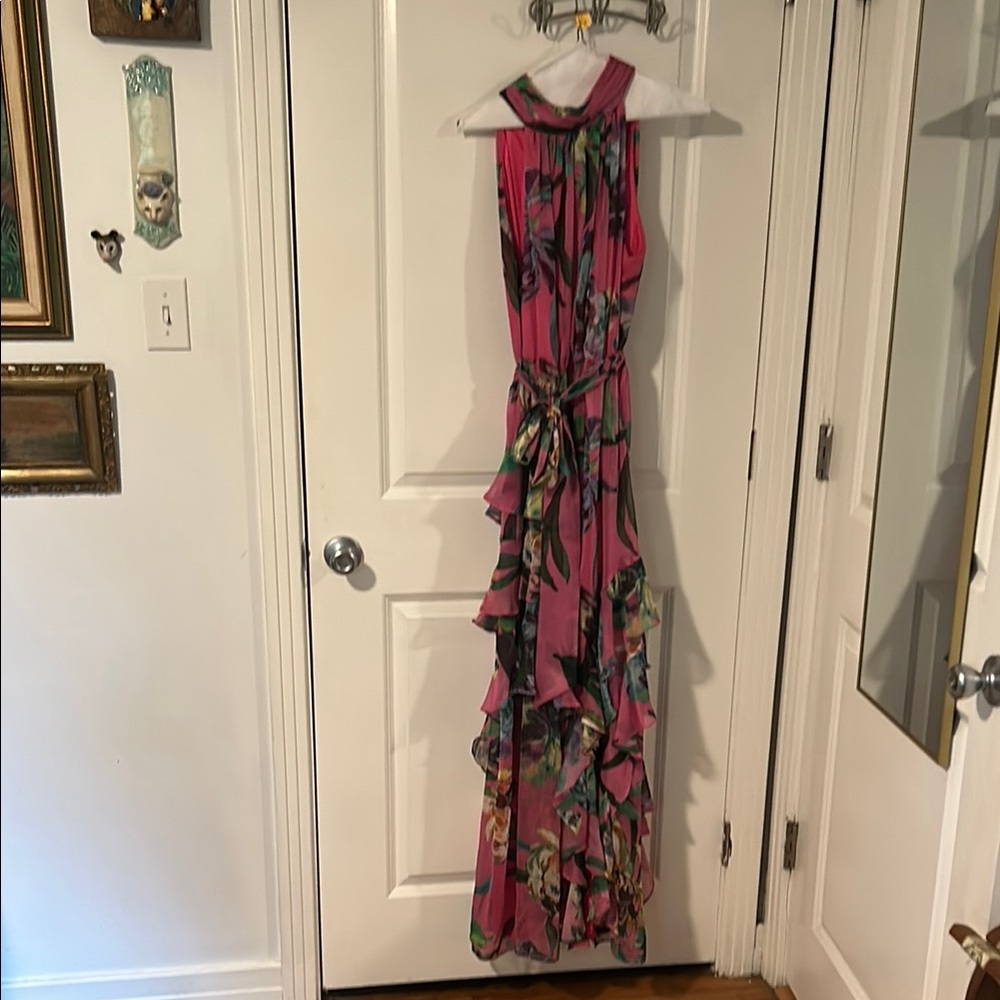 Alex Marie Pink and Gray Halter Tie Front Maxi Dress